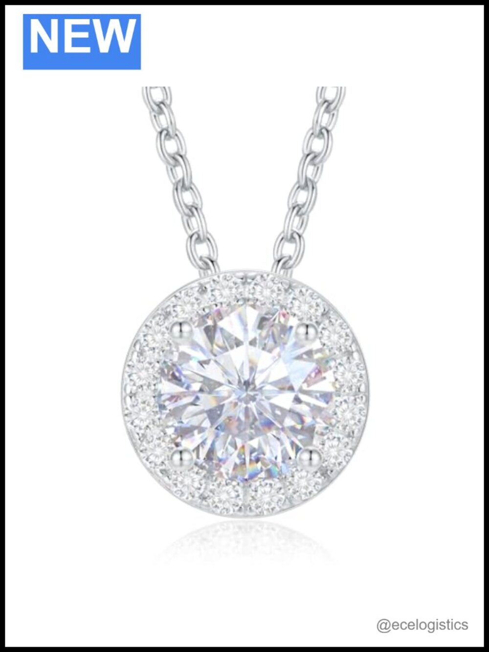 Moissanite Halo Pendant Necklace 18K White Gold Plated 925 Sterling Silver